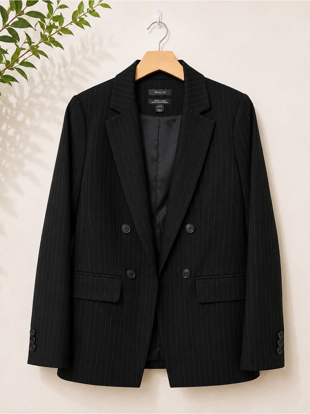 RW&CO. | Black Pinstripe Double-Breasted Blazer | XS
